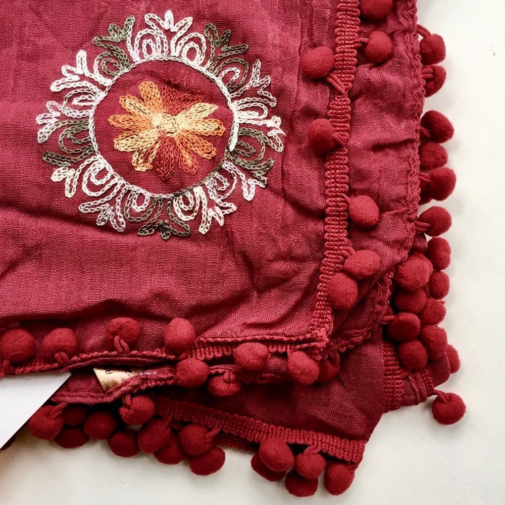 LOF Gauzy Wrap Scarf Embroidered Medallions & Pom Pom Trim